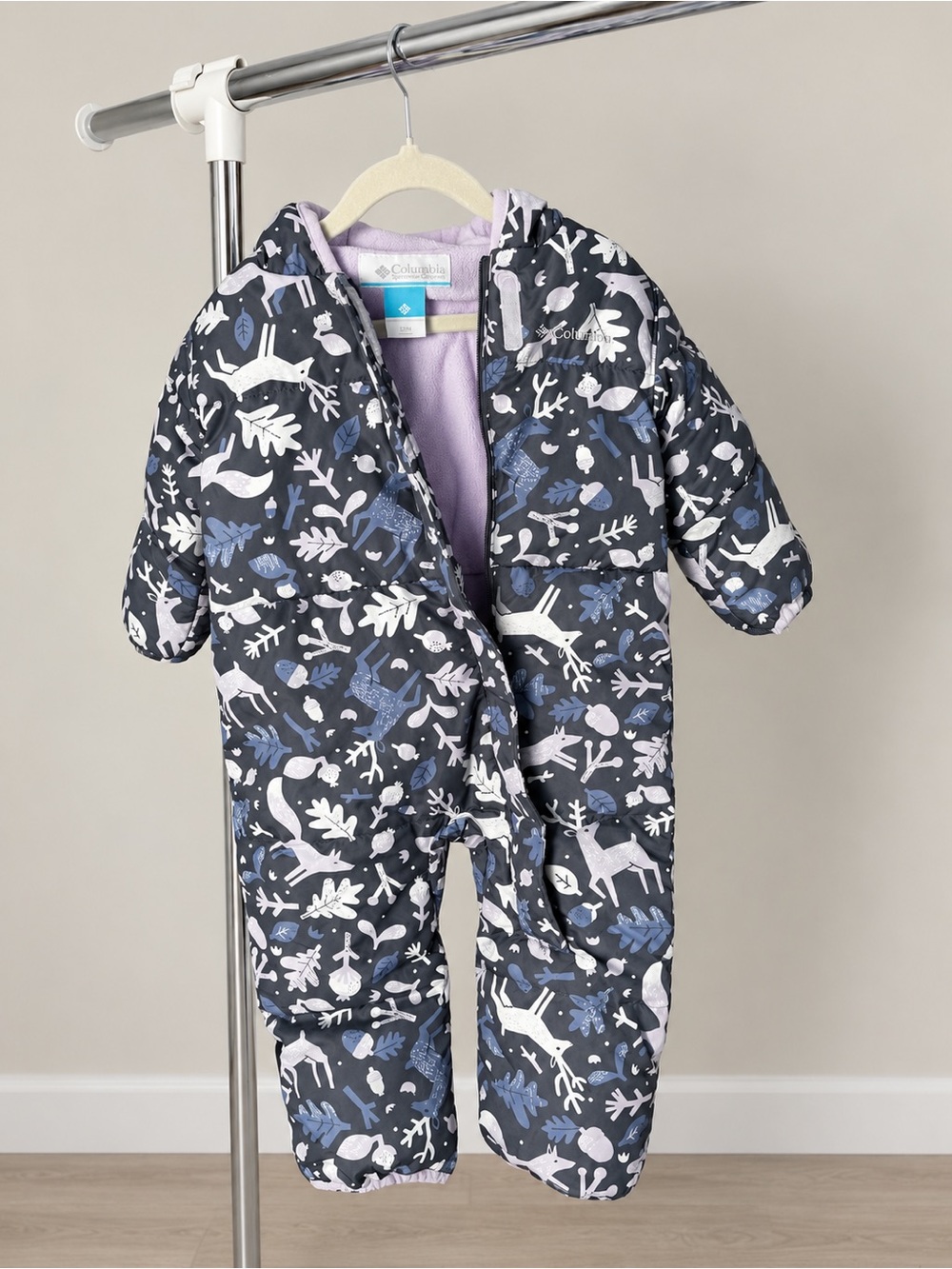 Columbia Navy Woodland Print Insulated One-Piece Jacket with Lilac Lining